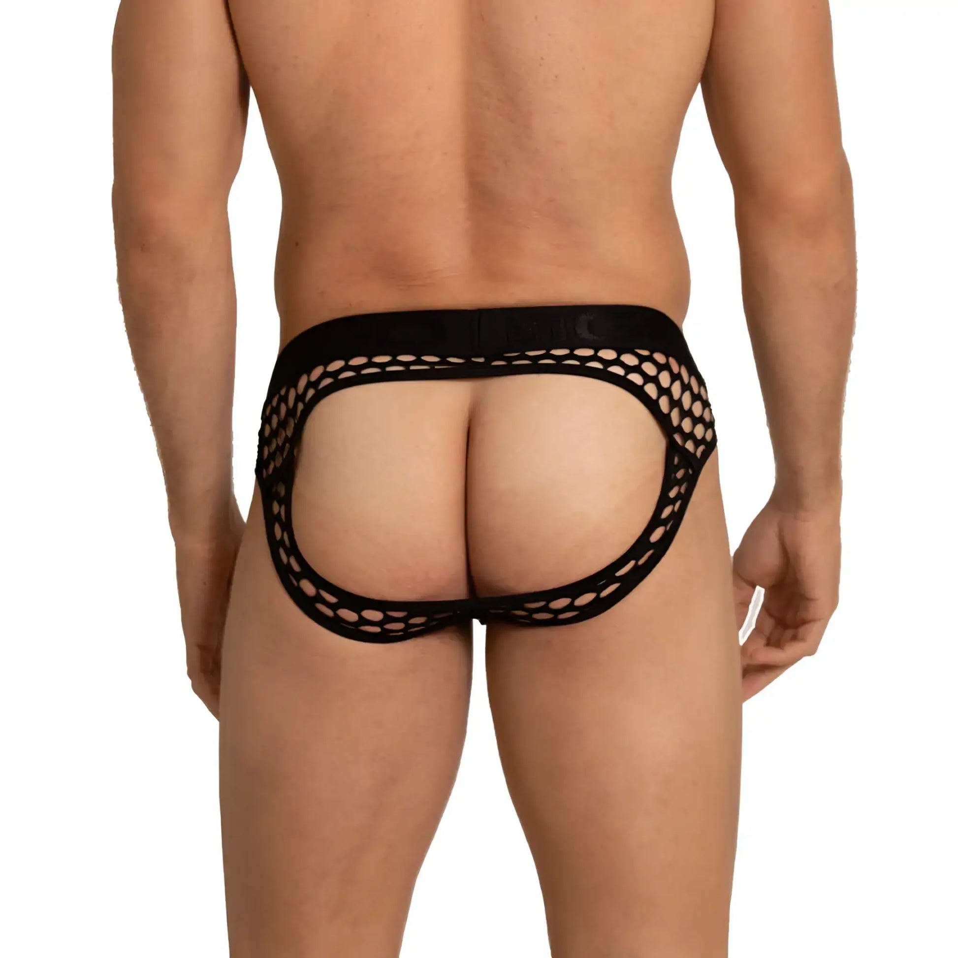 Black mesh briefs with a wide solid waistband from gigo hole black brief jock collection front view