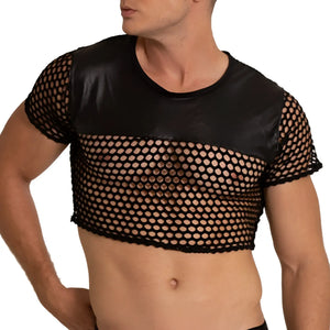 Black mesh crop top with faux leather panels on shoulders and chest from gigo hole black croop top collection