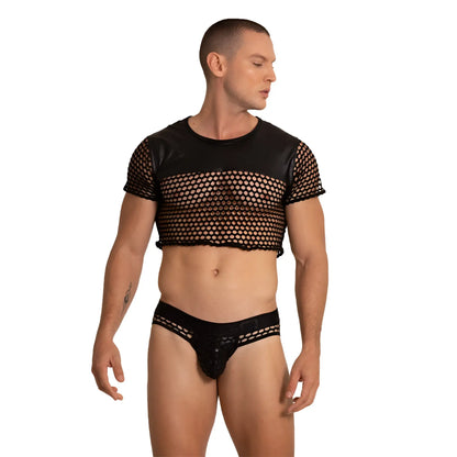 Gigo Hole black mesh crop top with short sleeves and round neckline paired with matching black mesh briefs