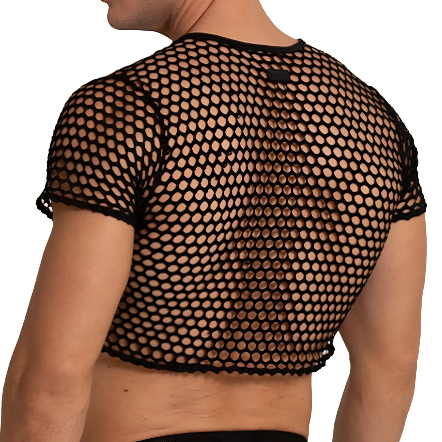 Black mesh gigo hole crop top with short sleeves and round neckline for stylish casual wear