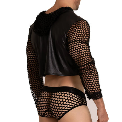 Black mesh hooded crop top with faux leather panels and lace trim in gigo hole black hoody tshirt product image