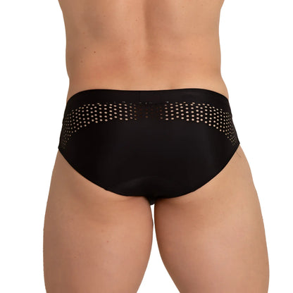 Gigo hole black swim brief with perforated white dotted waistband designed for swimming and water activities