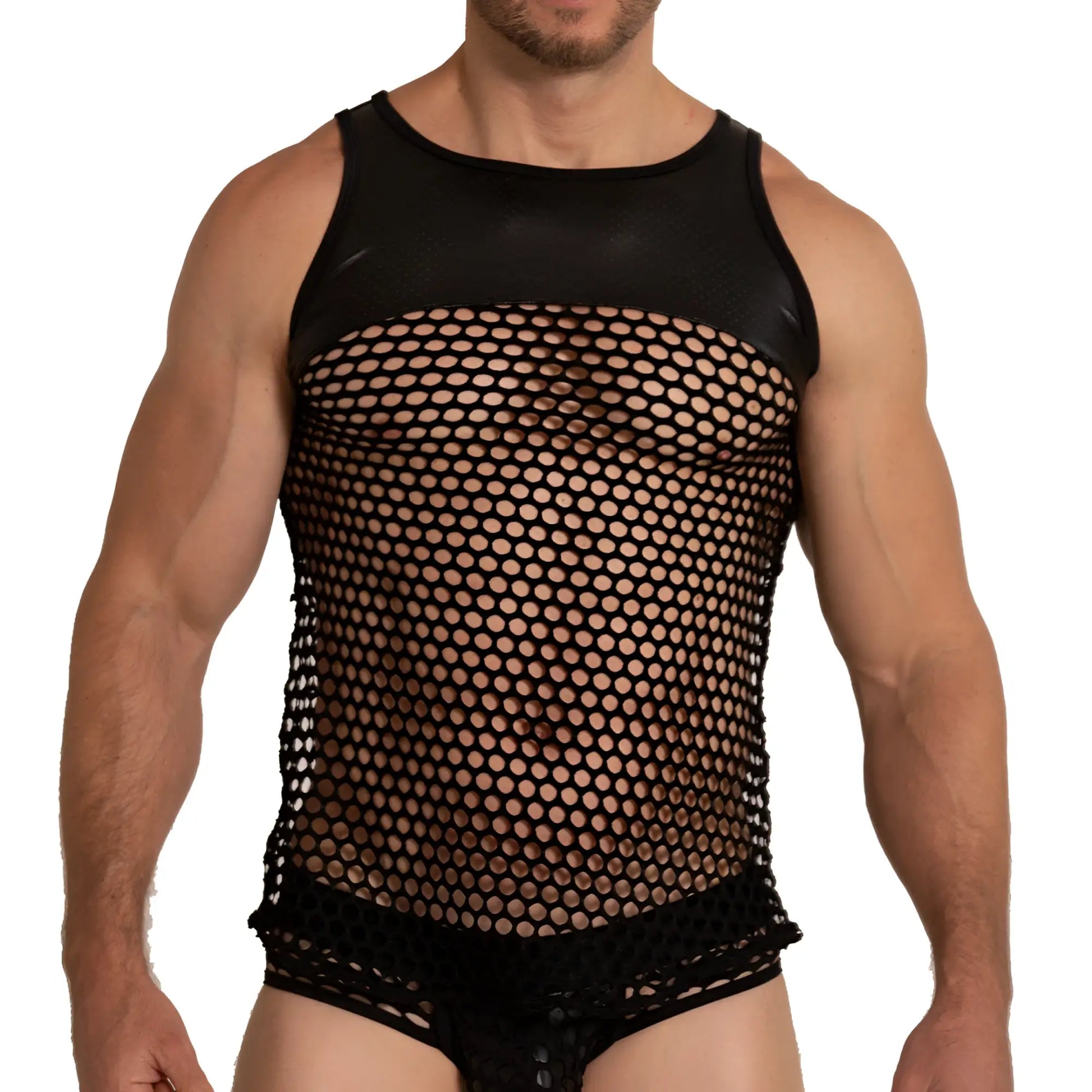 Black mesh tank top gigo hole black tank with solid black fabric neckline and hem for stylish breathable wear