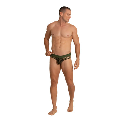 Dark green gigo hole brief with mesh fabric and solid waistband for comfortable everyday wear