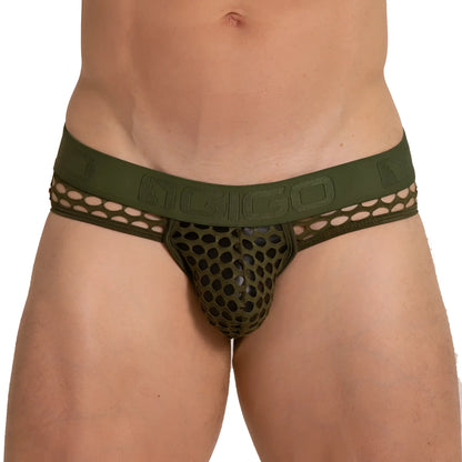 Olive green mesh briefs featuring a bold embossed ngigo logo on the waistband for breathable comfort
