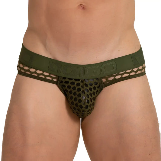 Olive green mesh briefs featuring a bold embossed ngigo logo on the waistband for breathable comfort