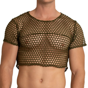 Olive green mesh crop top with short sleeves and round neckline from gigo hole green croop top collection