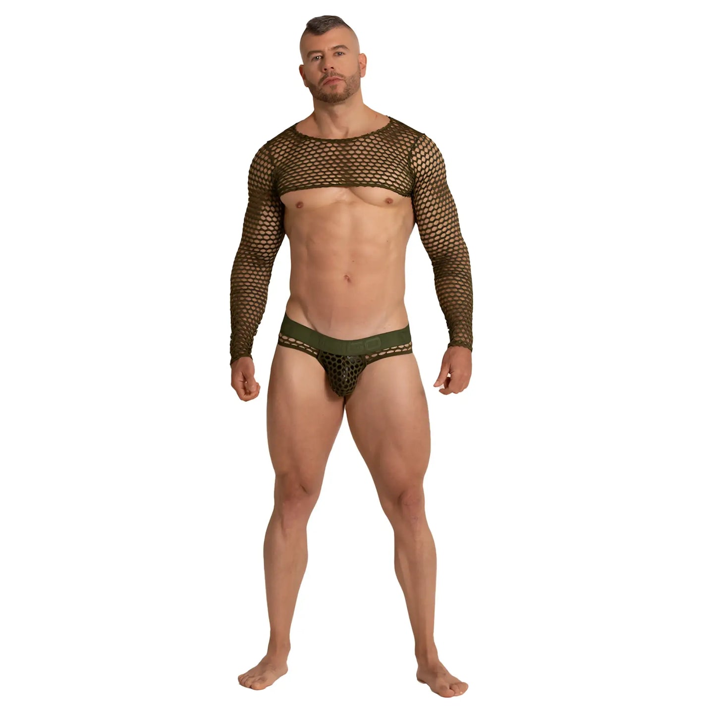 Olive green mesh long sleeved top and matching briefs set featuring holes in the gigo hole green harness design