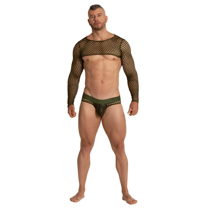 Olive green mesh long sleeved top and matching briefs set featuring holes in the gigo hole green harness design