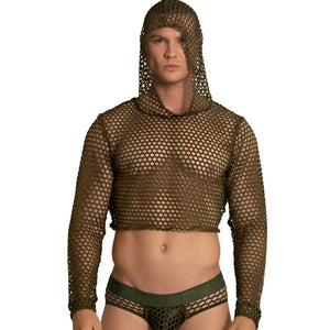 Olive green mesh hooded crop top with long sleeves and matching underwear set from gigo hole green hoody tshirt collection