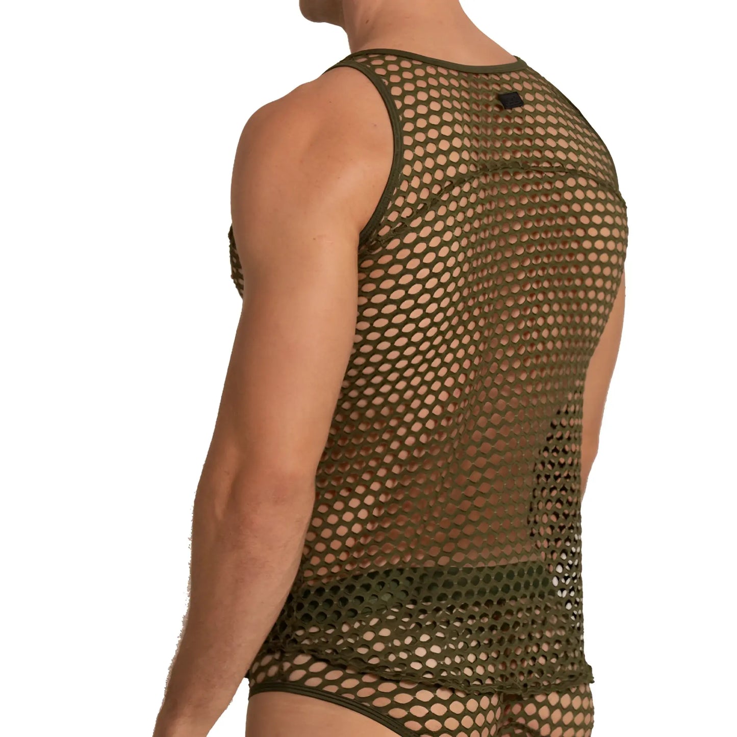 Olive green mesh tank top gigo hole green tank with fitted form fitting design