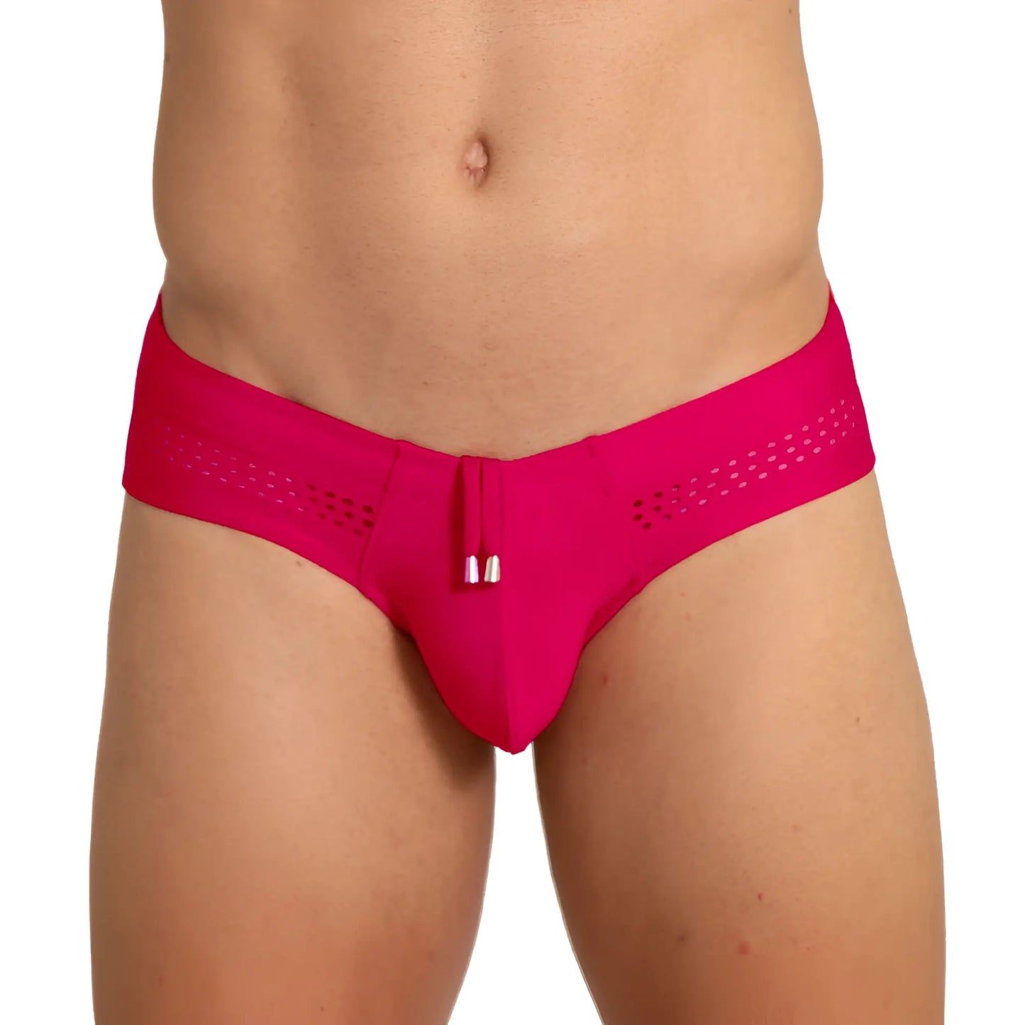 Bright fuchsia perforated fabric swim briefs with central zipper closure from gigo hole red collection