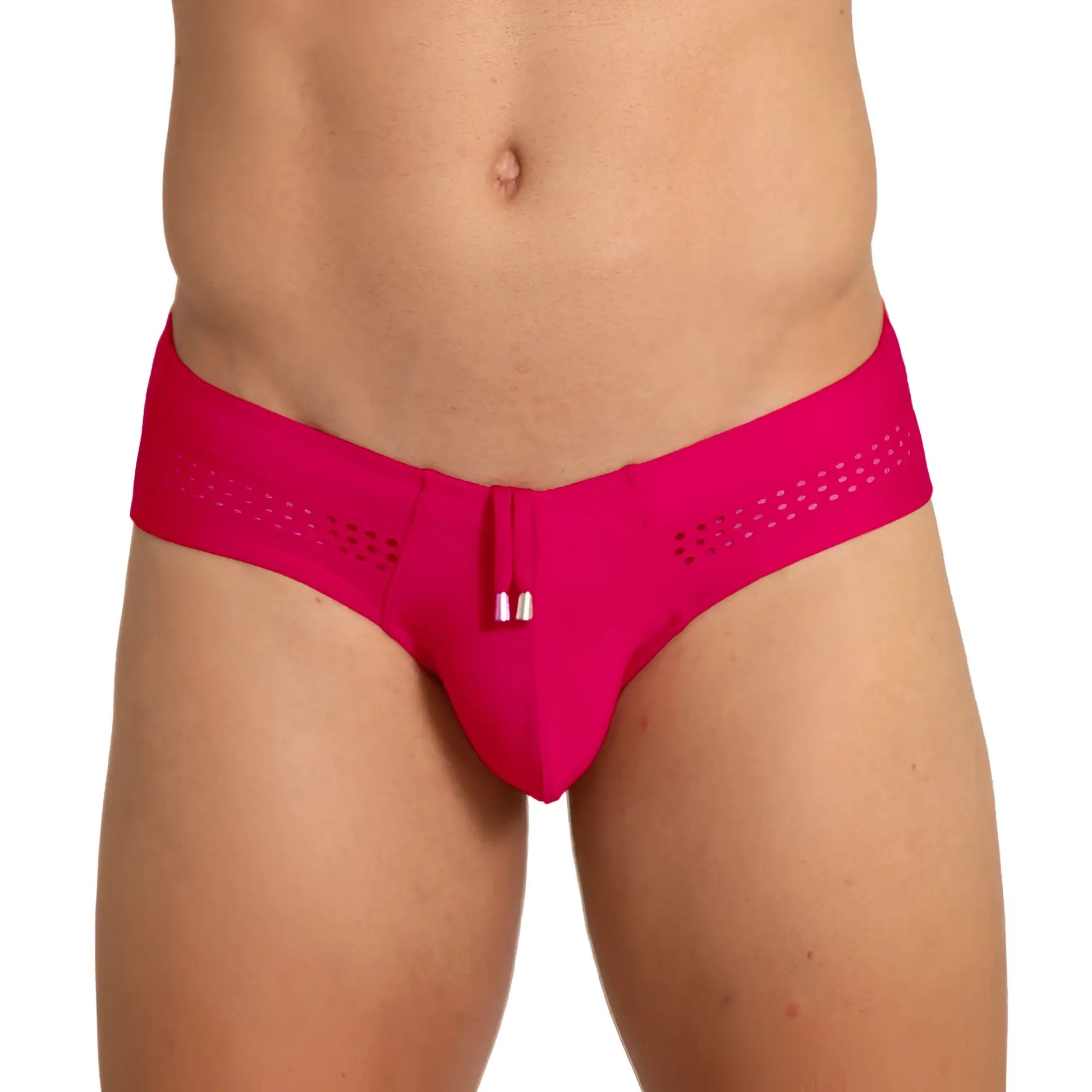 Bright fuchsia perforated fabric swim briefs with central zipper closure from gigo hole red collection