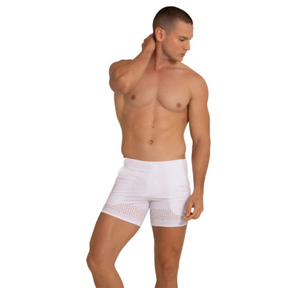 White athletic shorts with perforated hem detail designed for beachwear by gigo hole in white color