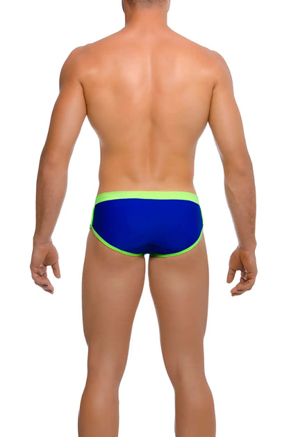 Gigo hot blue green brief swimwear in size M with blue fabric and neon green trim for swimming use