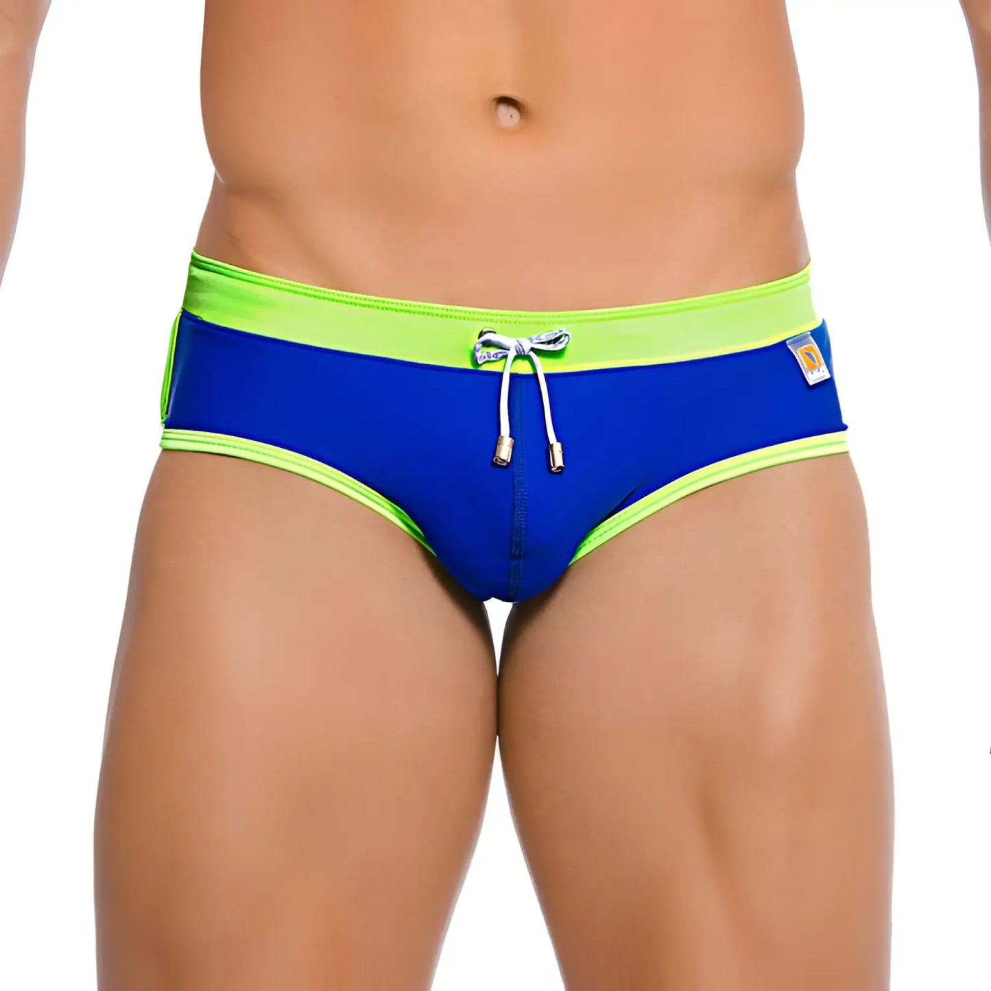 Gigo hot blue green brief swimwear gs02004 medium size bright blue swim trunks with neon green trim and matching drawstring