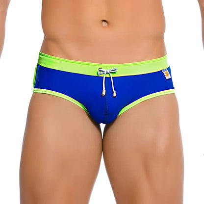 Gigo hot blue green brief swimwear gs02004 medium size bright blue swim trunks with neon green trim and matching drawstring
