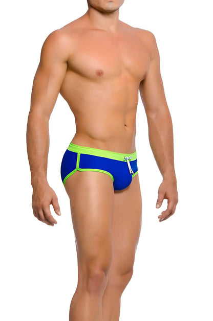 Bright blue gigo hot blue green brief swimwear with neon green trim and white drawstring size m for swimming