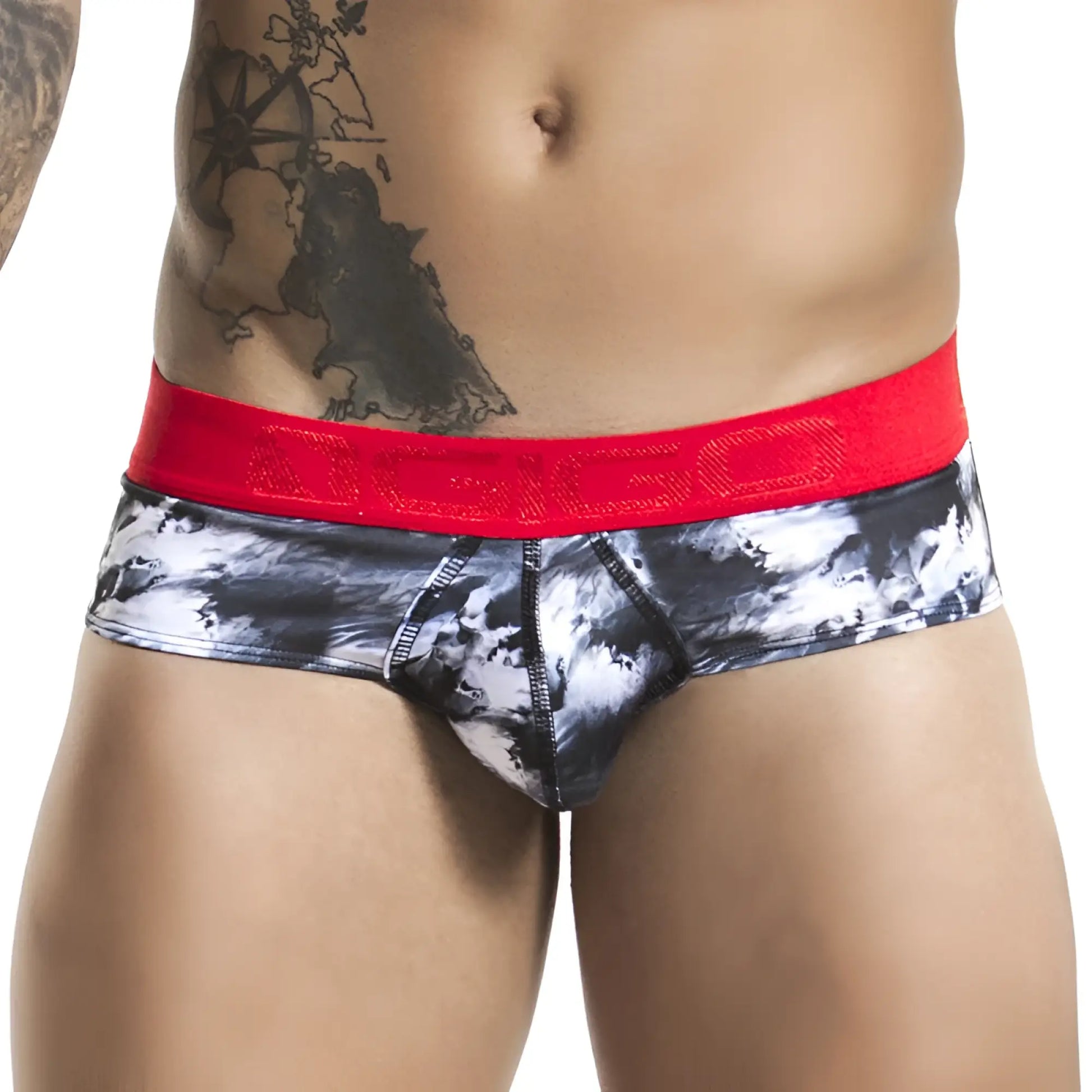Black and white tie-dye briefs with bold red elastic waistband featuring digo branding gigo iceberg brief underwear g01003 size m