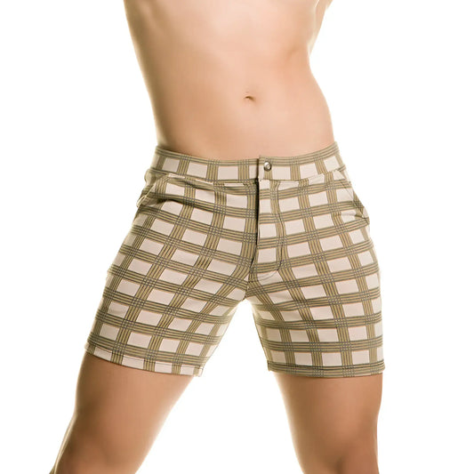 Beige and olive green plaid gigo infaltable brown shorts with button closure made from lightweight fabric