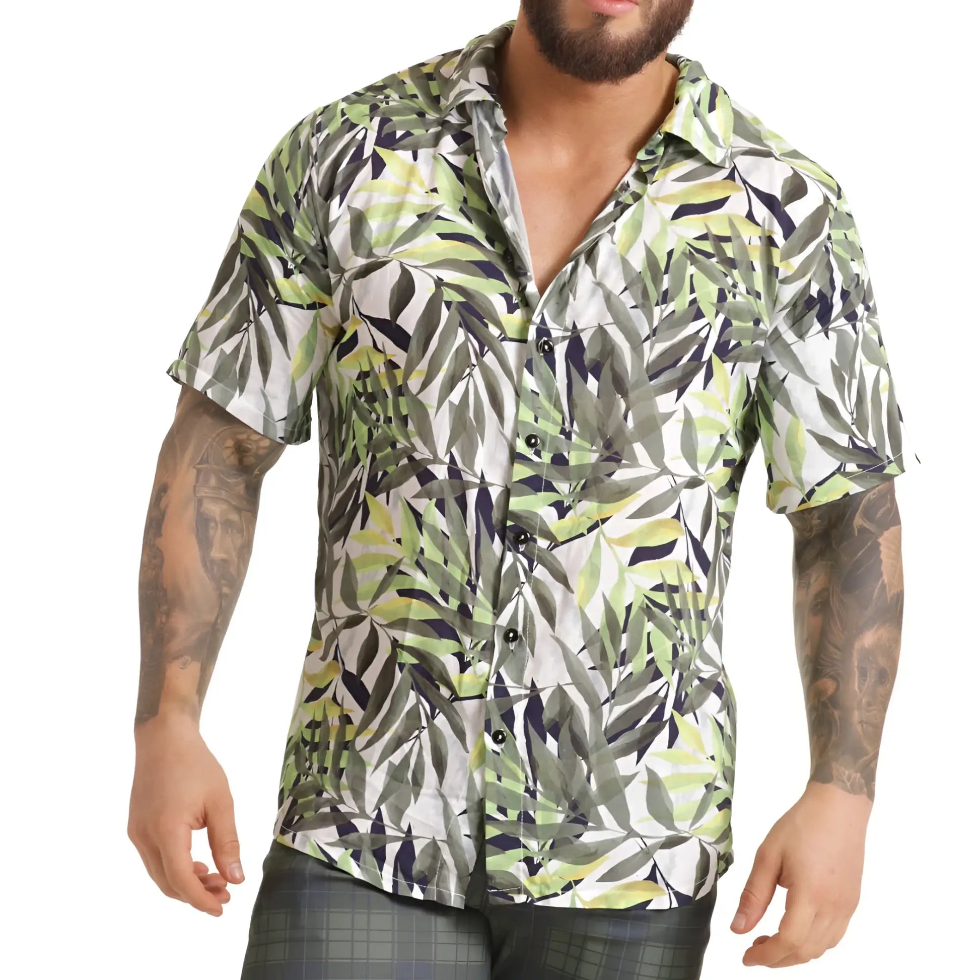 A menâ€™s short-sleeved button-up Gigo Jungle shirt with vibrant green gray and white tropical leaf pattern