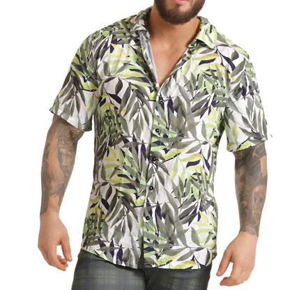 A menâ€™s short-sleeved button-up Gigo Jungle shirt with vibrant green gray and white tropical leaf pattern