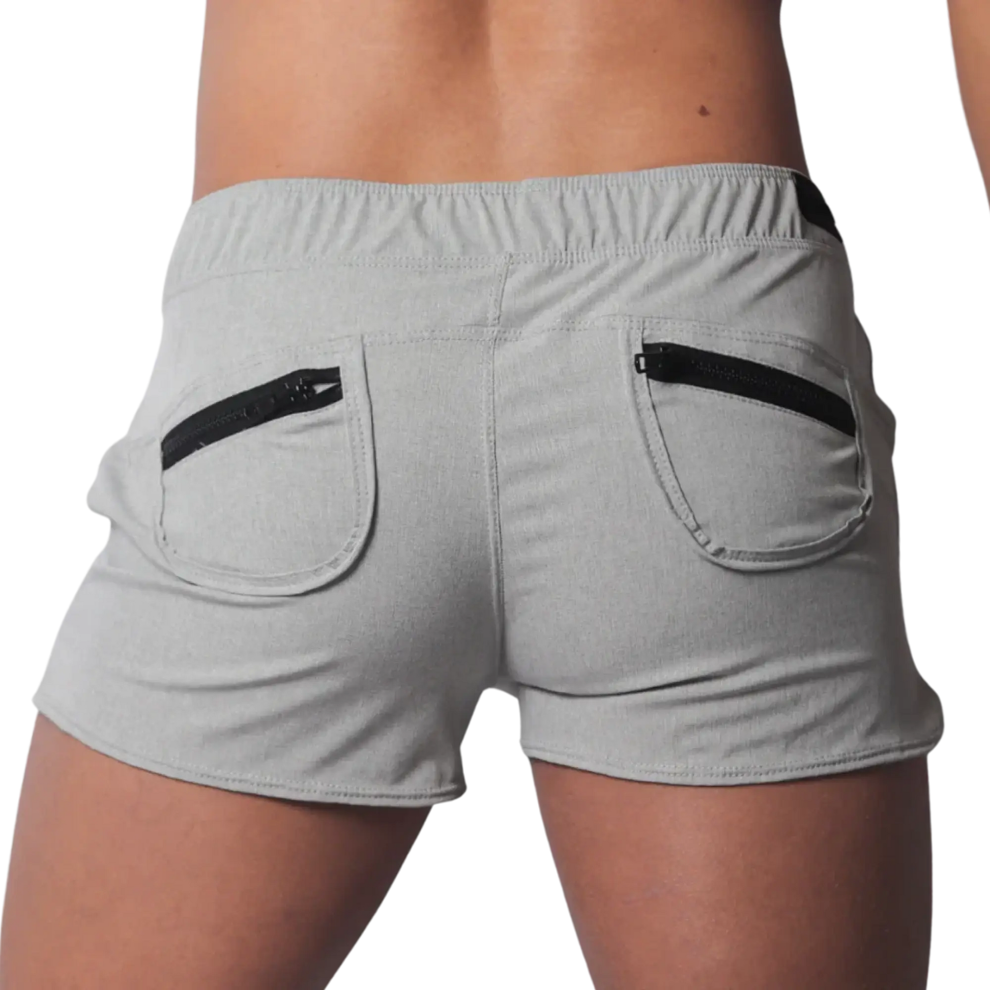 Gray heathered athletic shorts with an elastic waistband and two back pockets featuring contrasting black zippers.