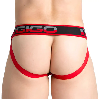 Red and black gigo karma black jock briefs with bold logo waistband designed for comfortable support