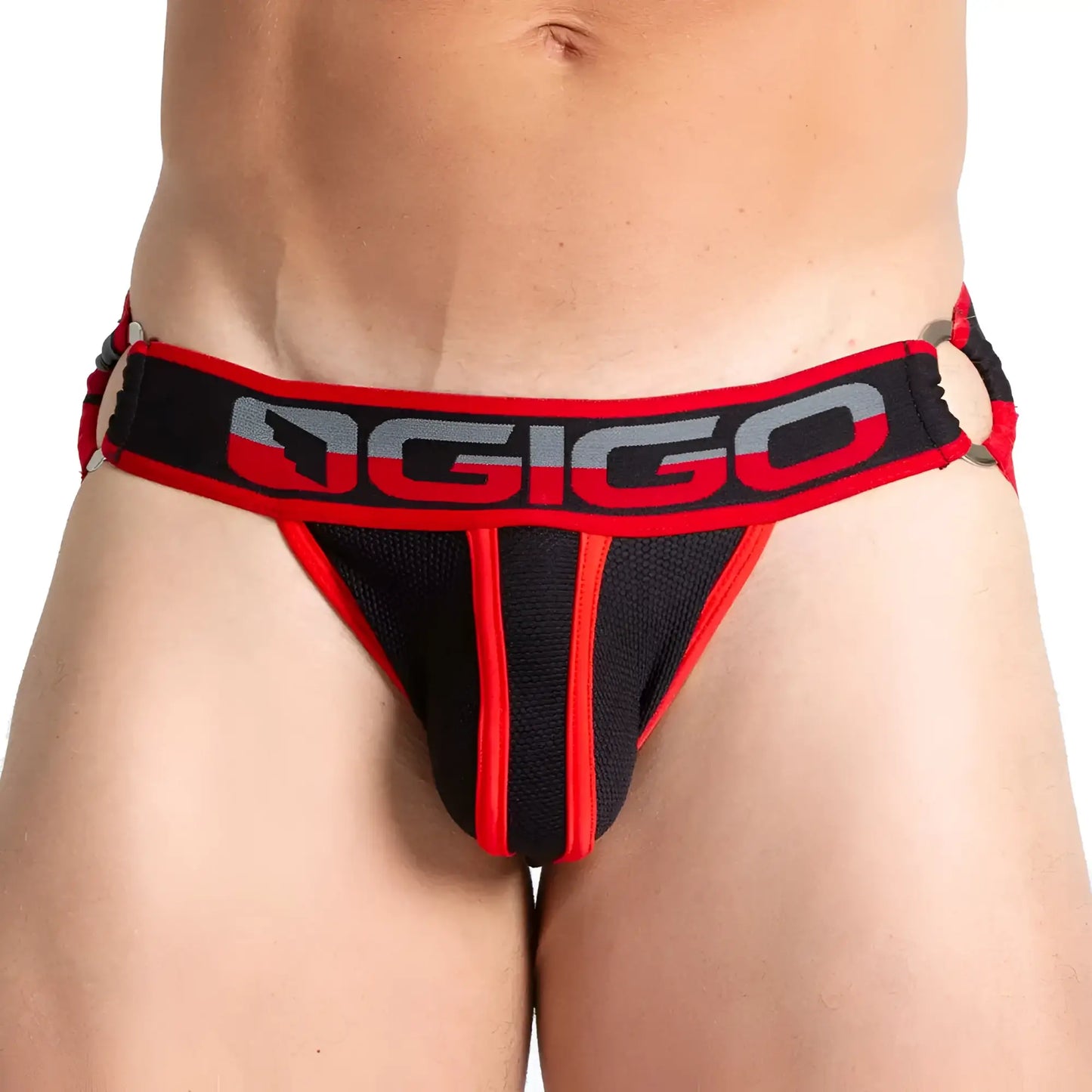 Black and red ogigo brand thong with mesh panel bold logo trim and side gussets shown from the back side