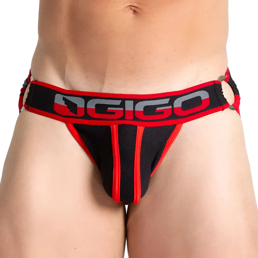 Black and red ogigo brand thong with mesh panel bold logo trim and side gussets shown from the back side