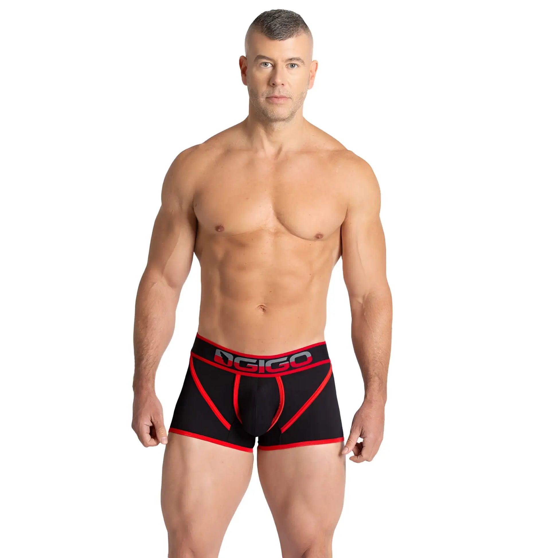 Black and red gigo karma trunk with bold contrasting design and dgico logo waistband for athletic use