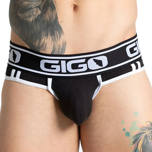 Black gigo branded briefs with white trim and logo detailing designed for comfortable everyday wear