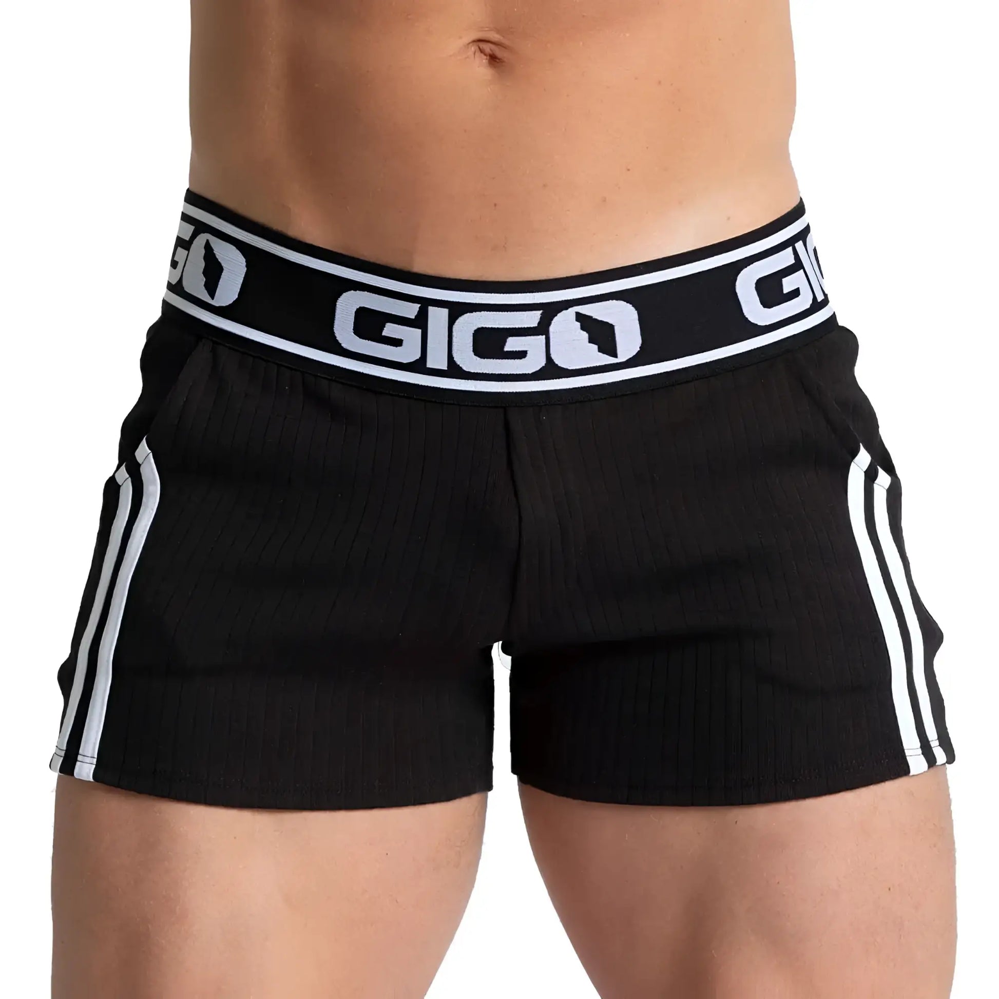 Gigo Khanal black athletic shorts with white side stripes and branded waistband for active wear