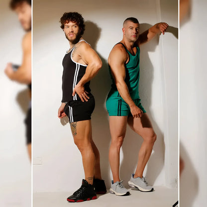 Athletic tank tops in black and green with white side stripes from gigo khanal black short collection