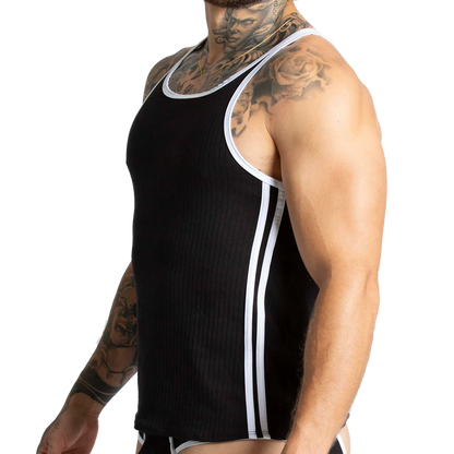Black ribbed tank top with white trim and vertical side stripes from Gigo Khanal for casual wear