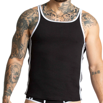 Gigo Khanal black ribbed tank top with white trim along neckline and side seams for casual wear