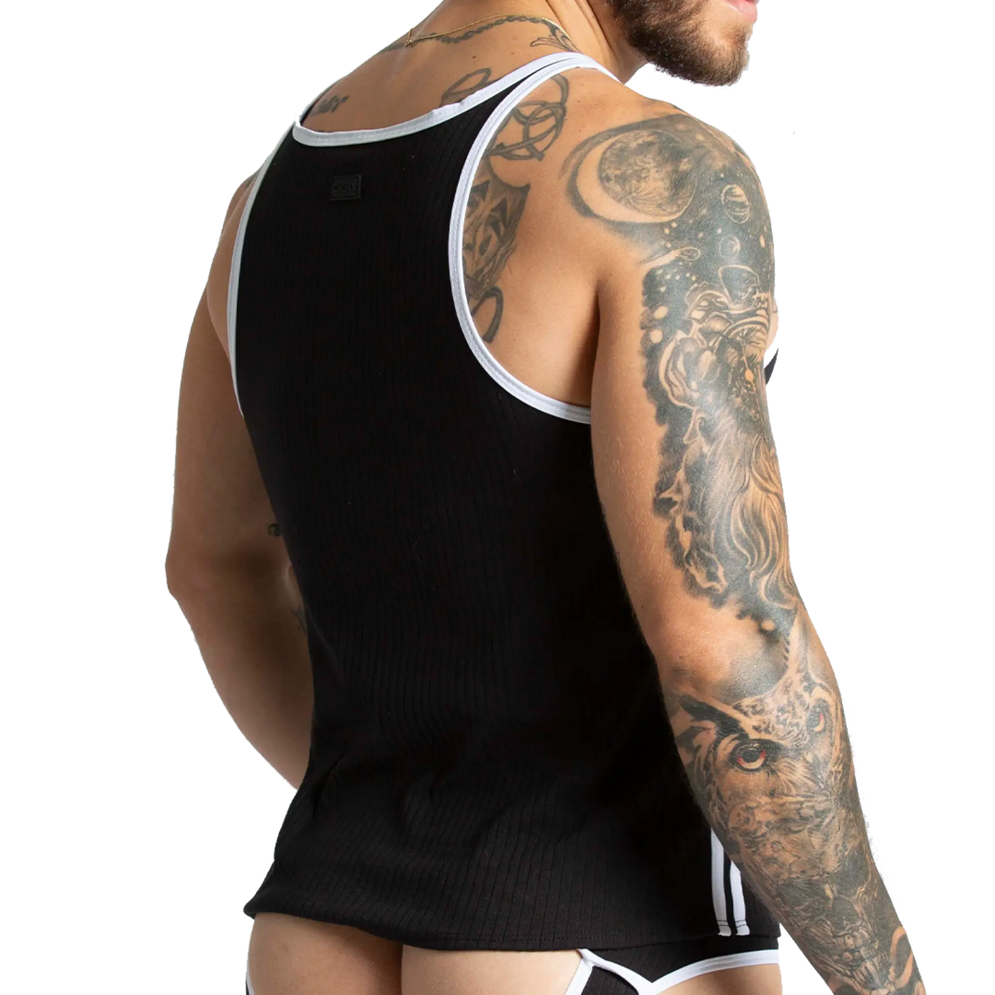 Gigo Khanal black ribbed tank top with white trim along neckline and armholes for casual wear