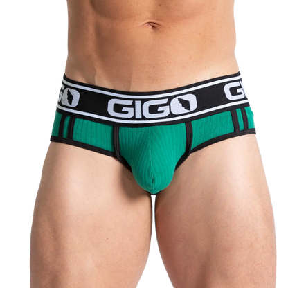Gigo Khanal green briefs with black trim and ribbed texture for comfortable everyday wear