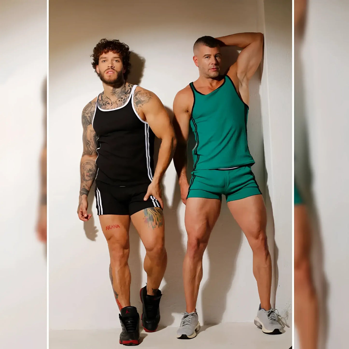 Two men wearing athletic tank tops and shorts including the gigo khanal green short in solid teal green for workouts