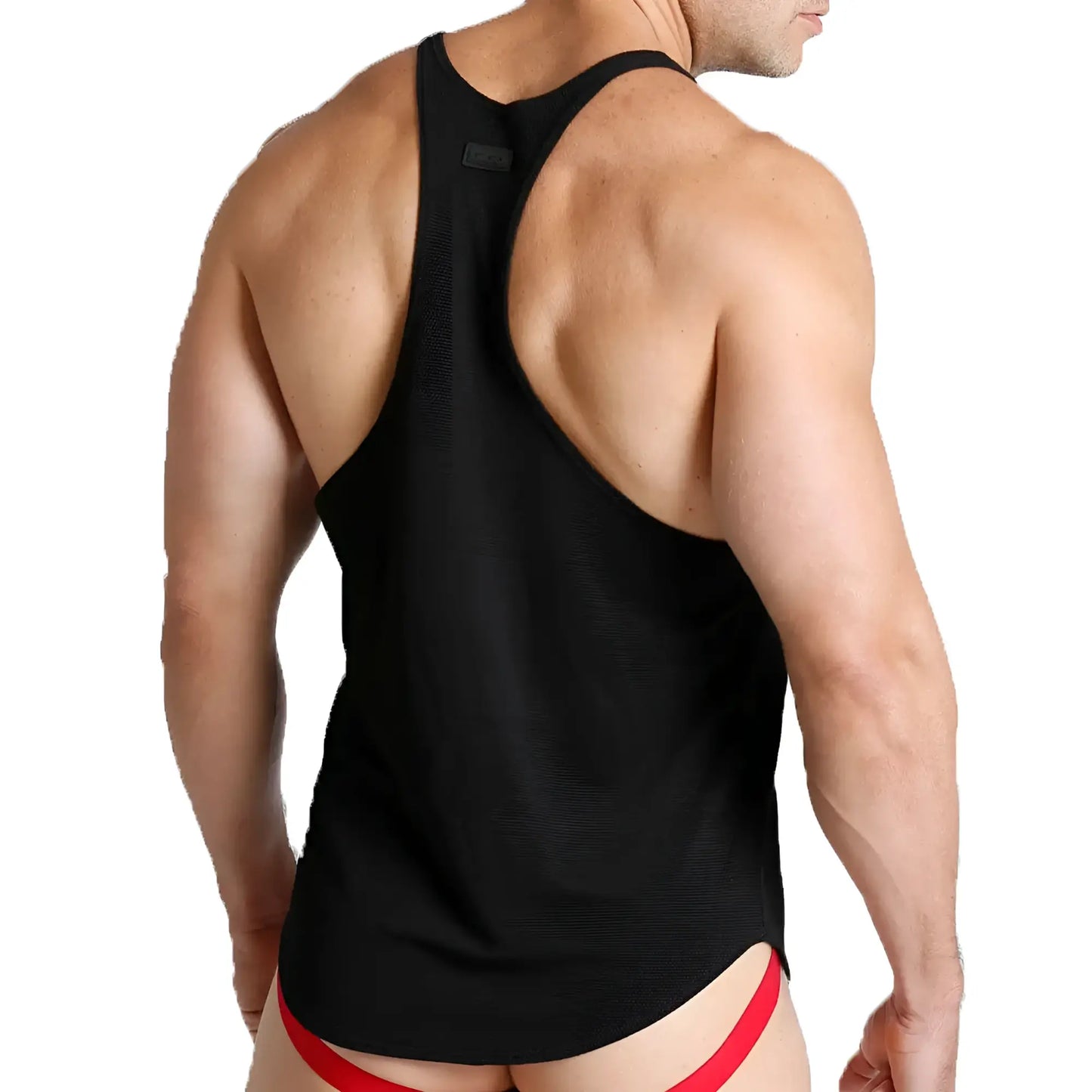 Black textured racerback tank top with a subtle ribbed pattern shown from the back for Gigo Lemon Black Tank