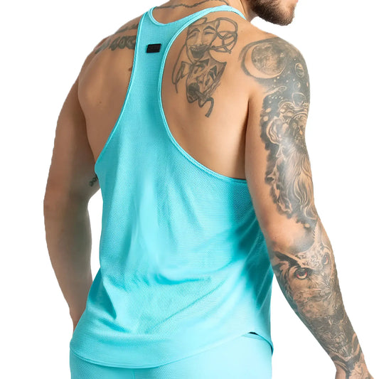 A vibrant turquoise Gigo Lemon Blue Tank athletic tank top with breathable textured fabric and racerback design
