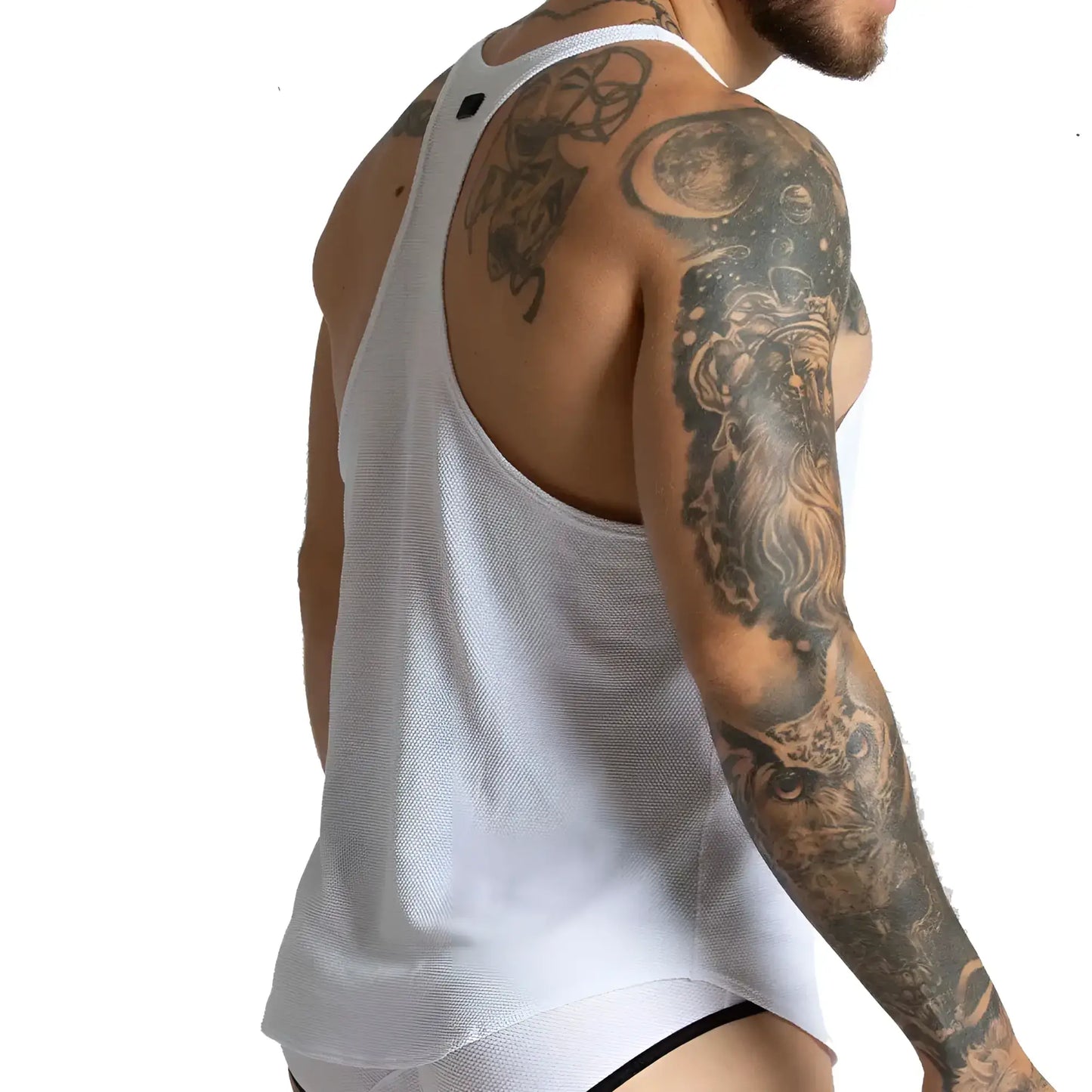 White mesh tank top with racerback design by gigo lemon featuring breathable lightweight fabric