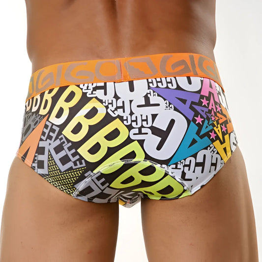 Gigo letters brief underwear size XL with vibrant graffiti print black base bold orange waistband multicolored lettering