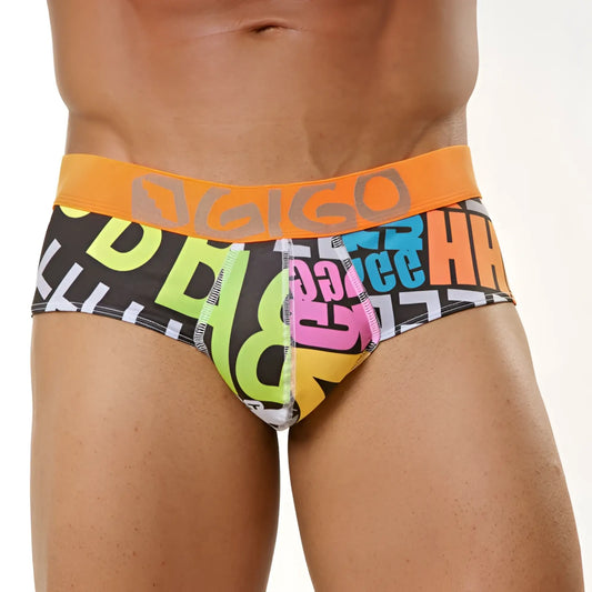 Vibrant multicolored gigo letters brief underwear size xl with bold neon and pastel lettering on black fabric