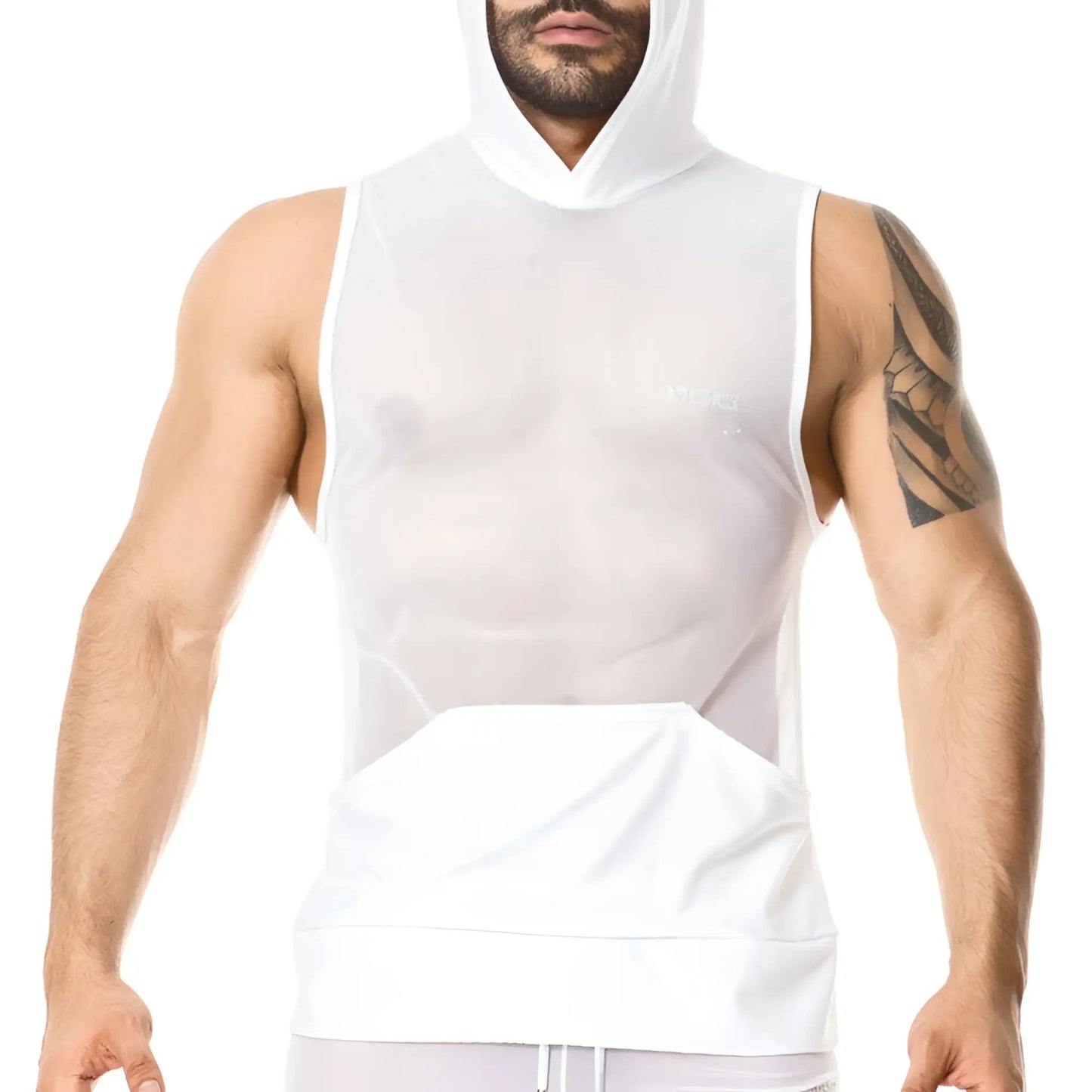 White mesh hooded sleeveless top with solid white front panel and pocket from Gigo in size medium