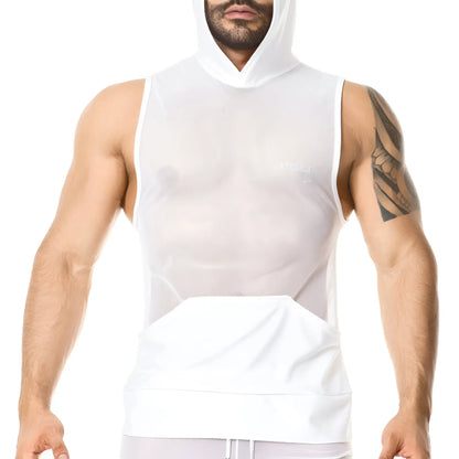 White mesh hooded sleeveless top with solid white front panel and pocket from Gigo in size medium
