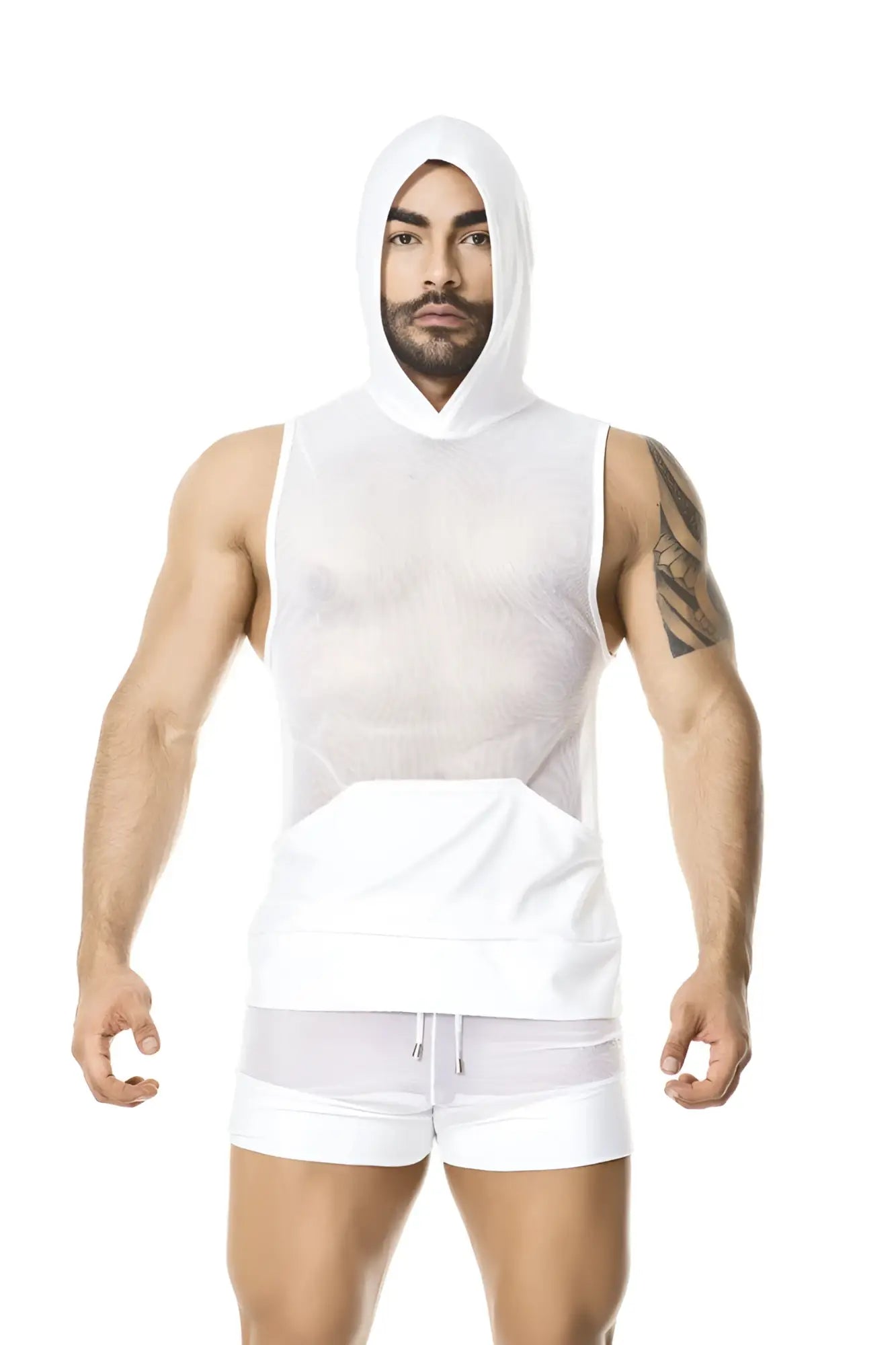 White mesh hooded tank top with solid white waist panel from gigo light white hoody muscle top shirt size m