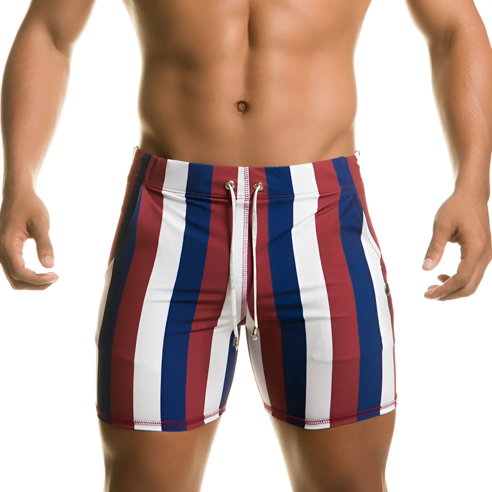 Menâ€™s Gigo Line Beachwear swim trunks with red white and blue vertical stripes and a drawstring waistband