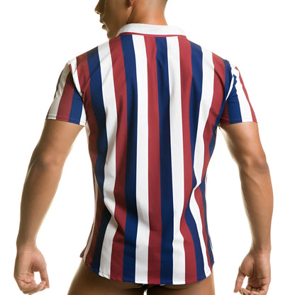 A menâ€™s short-sleeved Gigo Line Shirt with bold vertical red white and navy blue stripes perfect for casual wear