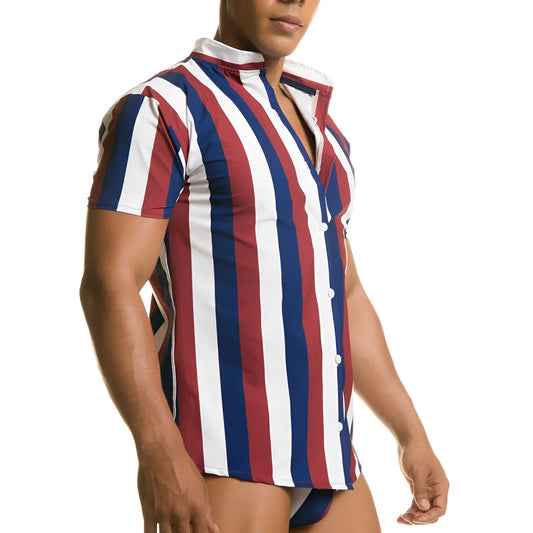 A menâ€™s short-sleeved button-up Gigo Line shirt with bold red white and navy blue vertical stripes